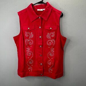 Quacker Factory Red Twill Vest M Rhinestones Studs Sparkle Shine Buttons Pockets